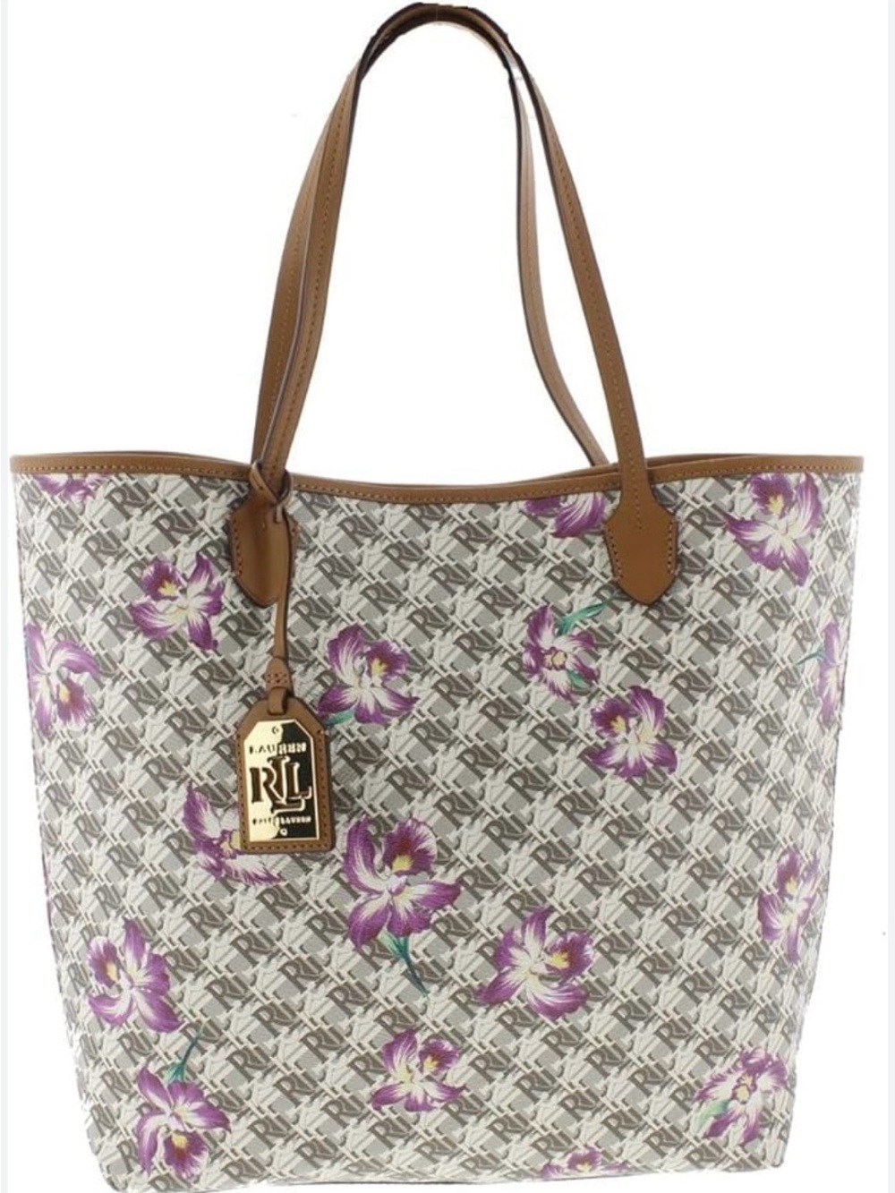 Polo by Ralph Lauren White Logo Floral Tote with Purple Flowers and Tan Trim